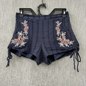 Francesca's Blue Rain Floral Embroidered Navy Blue Cotton Shorts S Boho beach